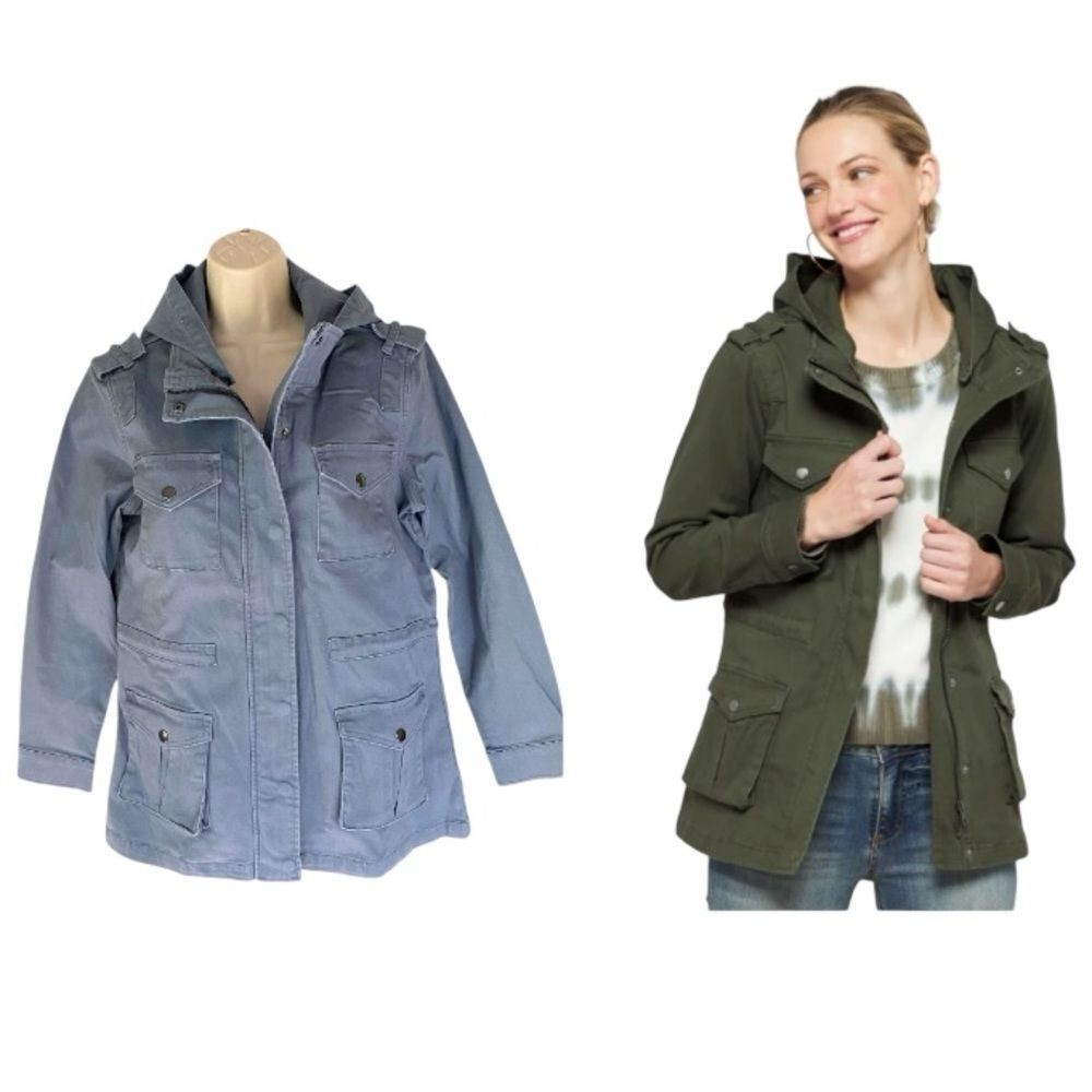 Market & Spruce Kathleen Hooded Utility Cargo Jacket Womens Small Blue Zip Front